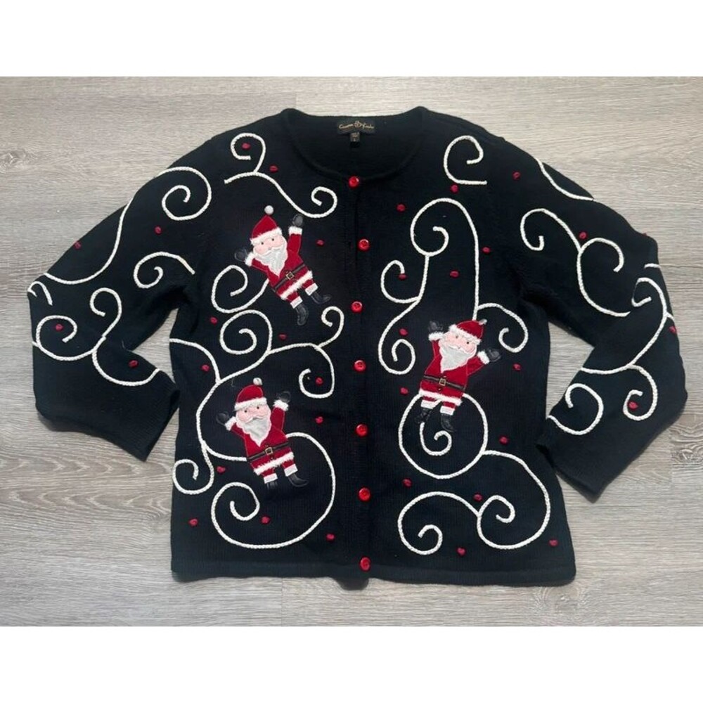 Vintage heirloom Christmas Cardigan Sweater Women's L Santa candy cane grandma